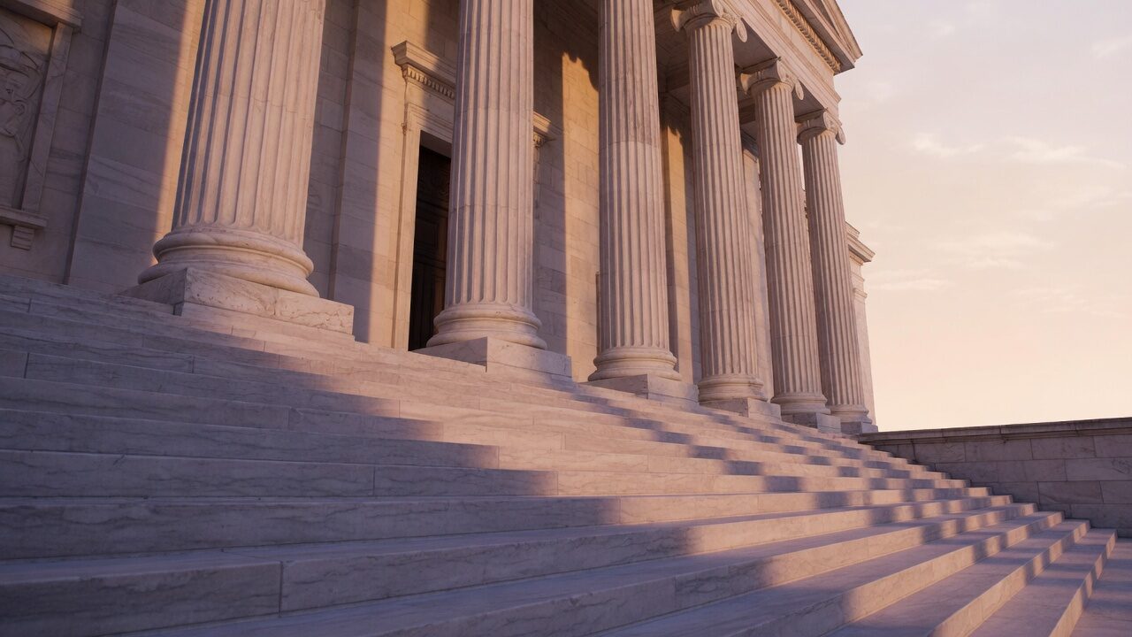 Courthouse columns in morning light